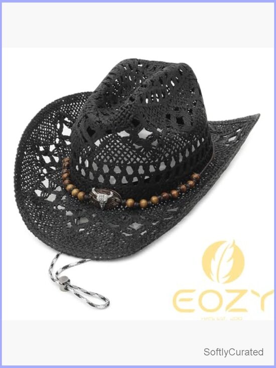 Straw Cowgirl Hat with Chin Strap Wide Brim Hollow Out Packable Sun Hat main image 6